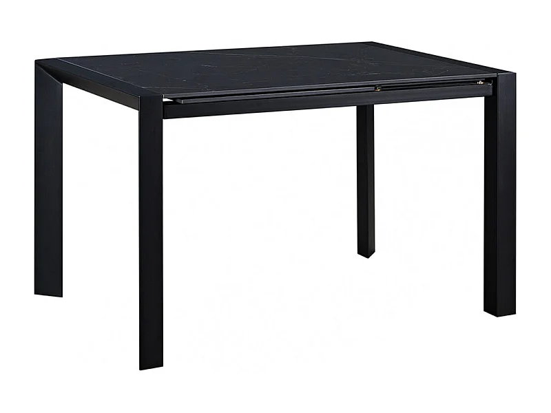 MELIA - Table Repas Allongeable Plateau Céramique Marbré Noir Pieds Métal Gris