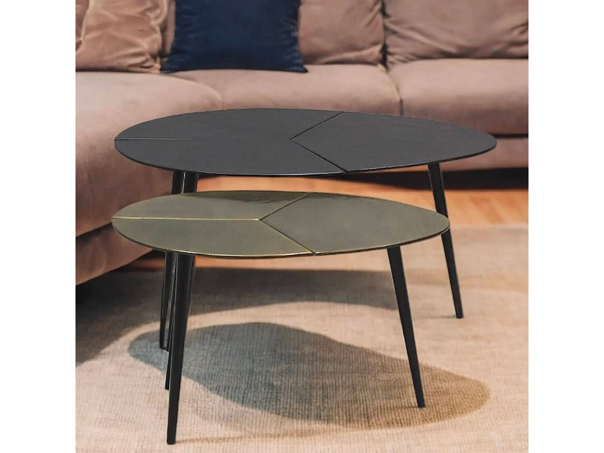 BRADLEY - Lot de 2 Tables Acier Finition Doré Antique et Noire