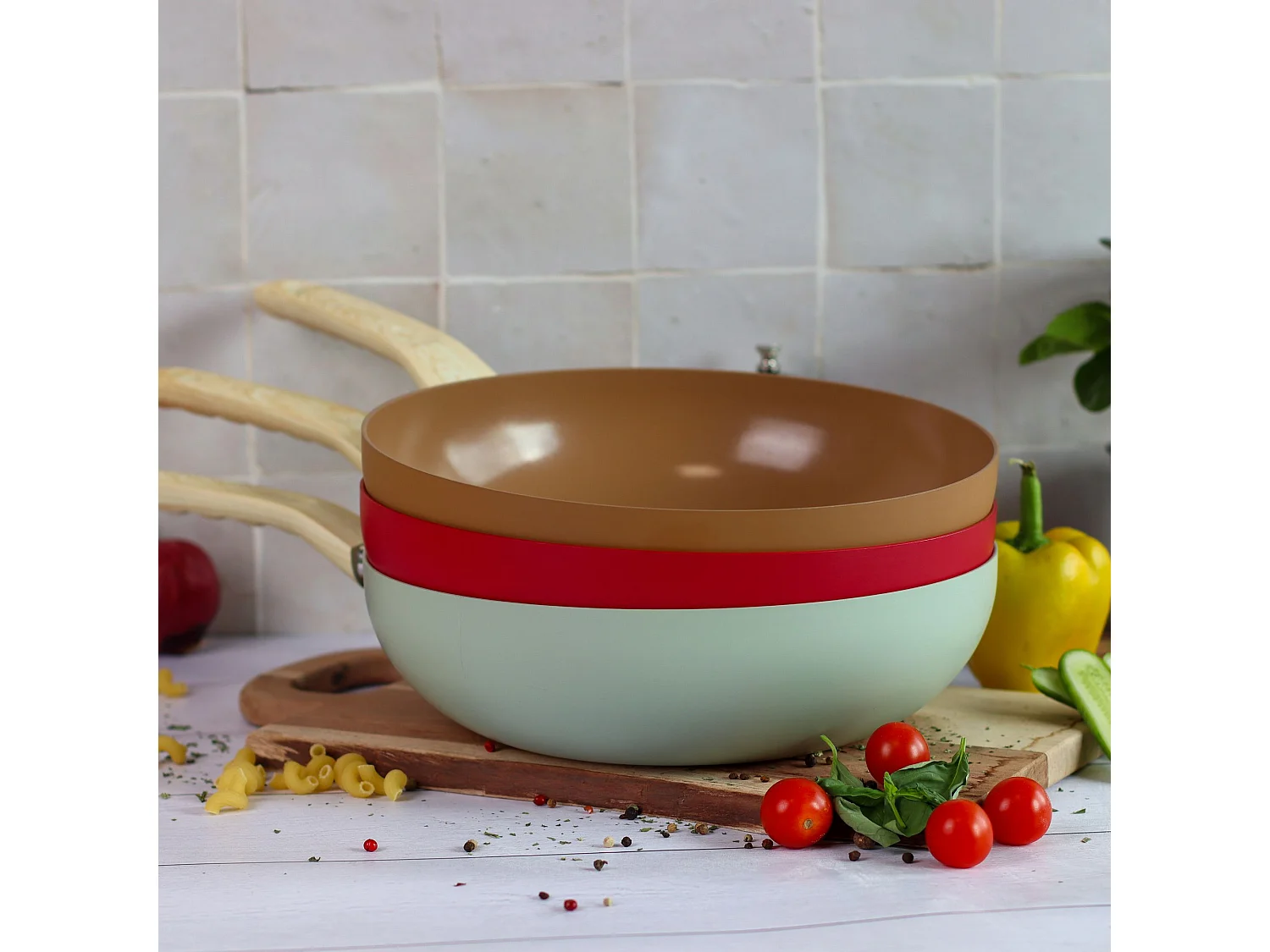 Menastyl - Wok 28cm Colorama Noisette - En Aluminium - Revetement Antiadhesif En Ceramique
