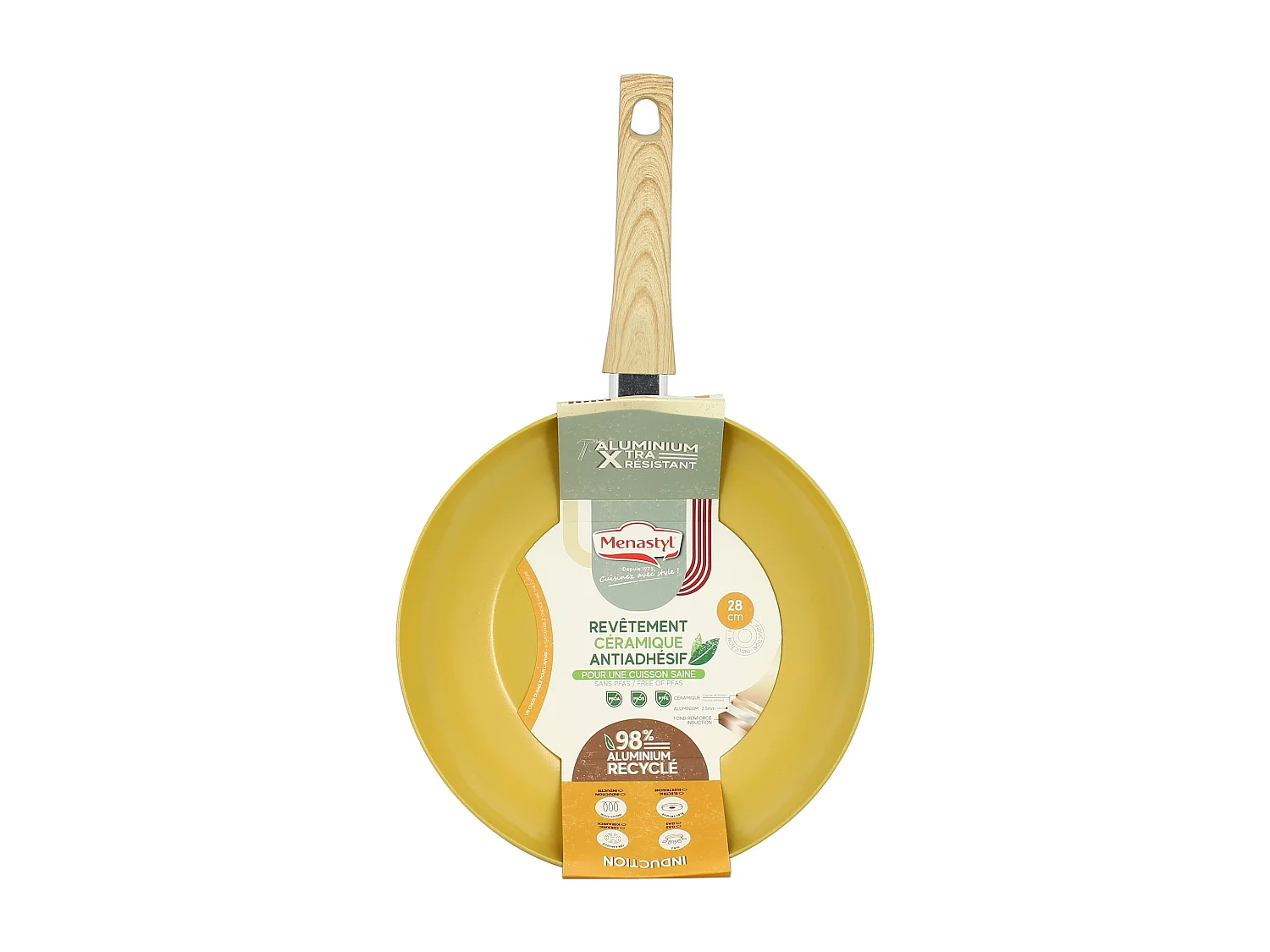 Menastyl - Wok 28cm Colorama Safran - En Aluminium - Revetement Antiadhesif En Ceramique