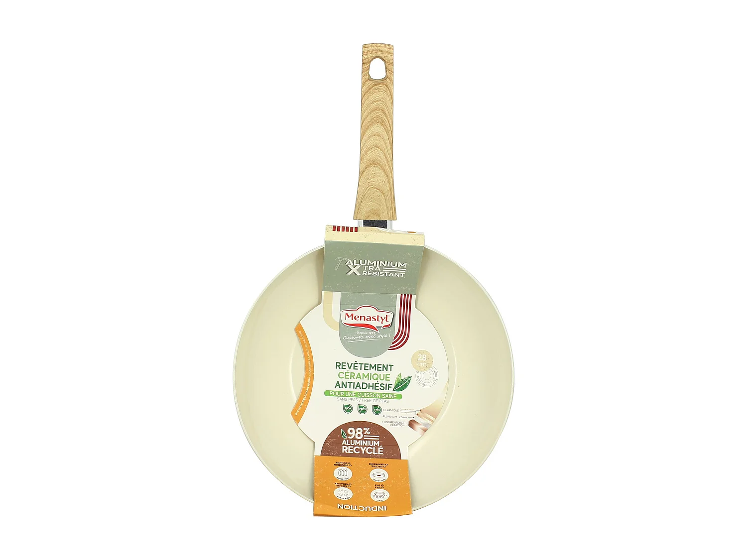 Menastyl - Wok 28cm Colorama Creme - En Aluminium - Revetement Antiadhesif En Ceramique