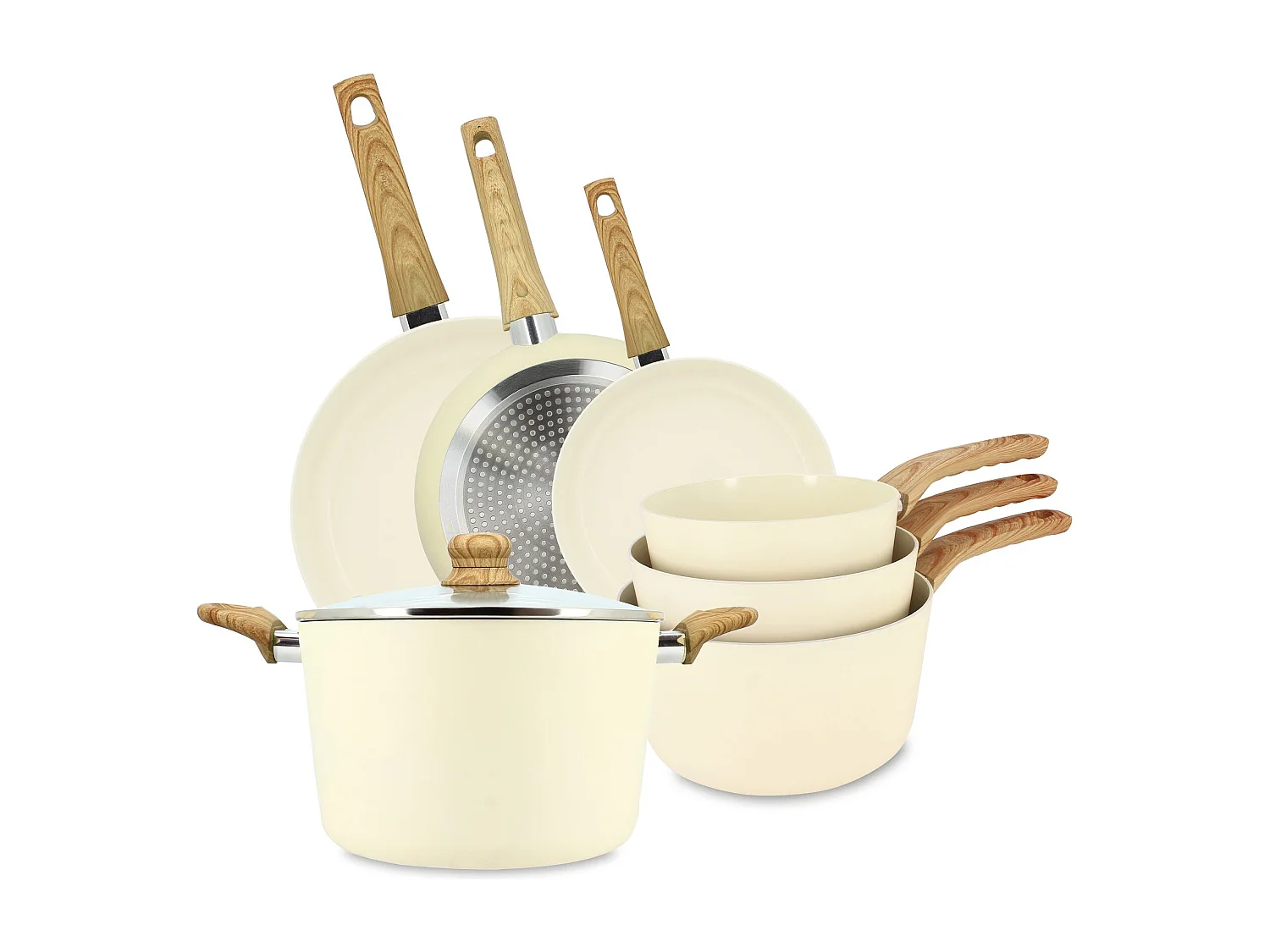Menastyl - Set De 7 Pieces Colorama Creme - Poeles/casseroles/faitout - En Aluminium - Revetement Antiadhesif En Ceramique