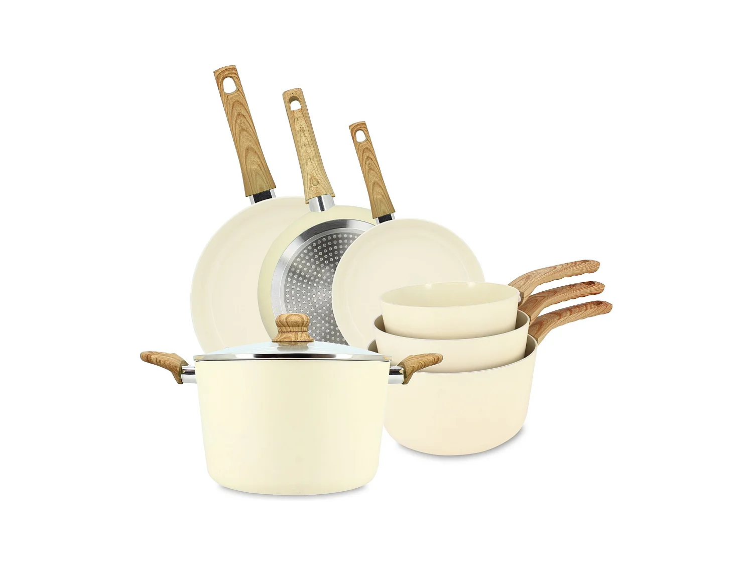 Menastyl - Set De 7 Pieces Colorama Creme - Poeles/casseroles/faitout - En Aluminium - Revetement Antiadhesif En Ceramique