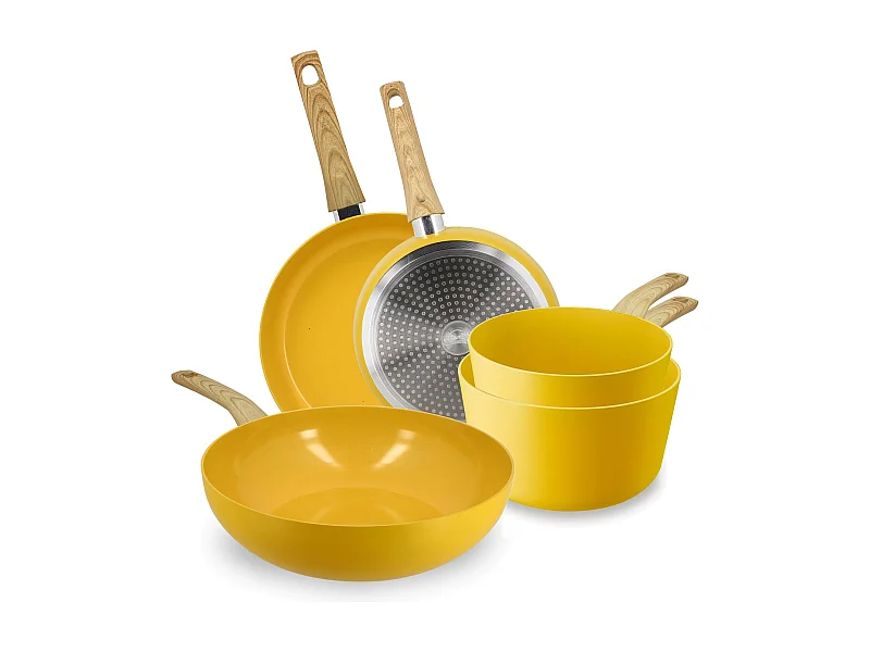 Menastyl - Set De 5 Pieces Colorama Safran - Poeles/casseroles/wok - En Aluminium - Revetement Antiadhesif En Ceramique