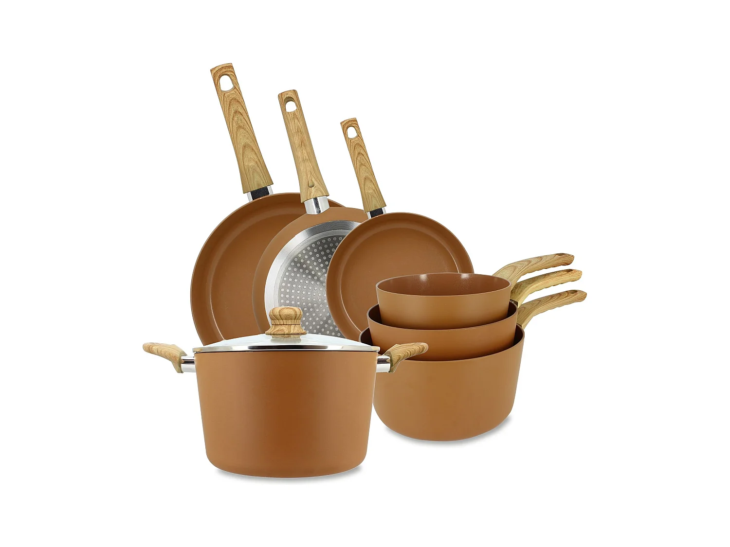 Menastyl - Set De 7 Pieces Colorama Noisette - Poeles/casseroles/faitout - En Aluminium - Revetement Antiadhesif En Ceramique