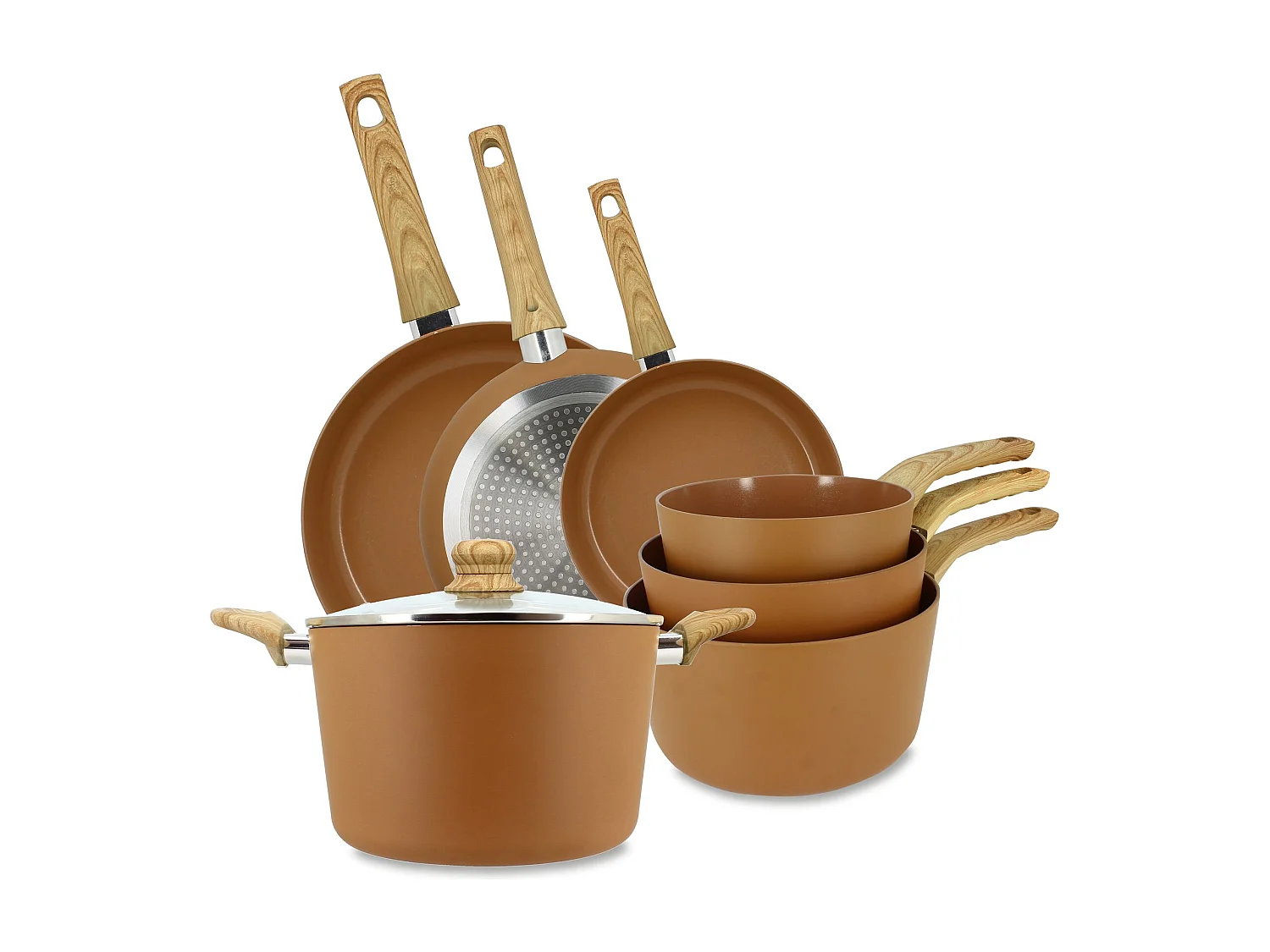 Menastyl - Set De 7 Pieces Colorama Noisette - Poeles/casseroles/faitout - En Aluminium - Revetement Antiadhesif En Ceramique