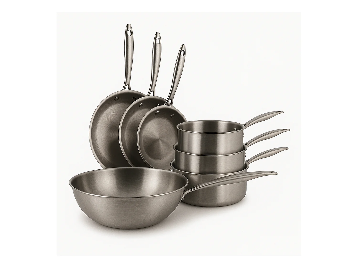 Menastyl - Set 7 Pieces Triply Wok Casserole Poele En Acier Inoxydable Induction - Made In France