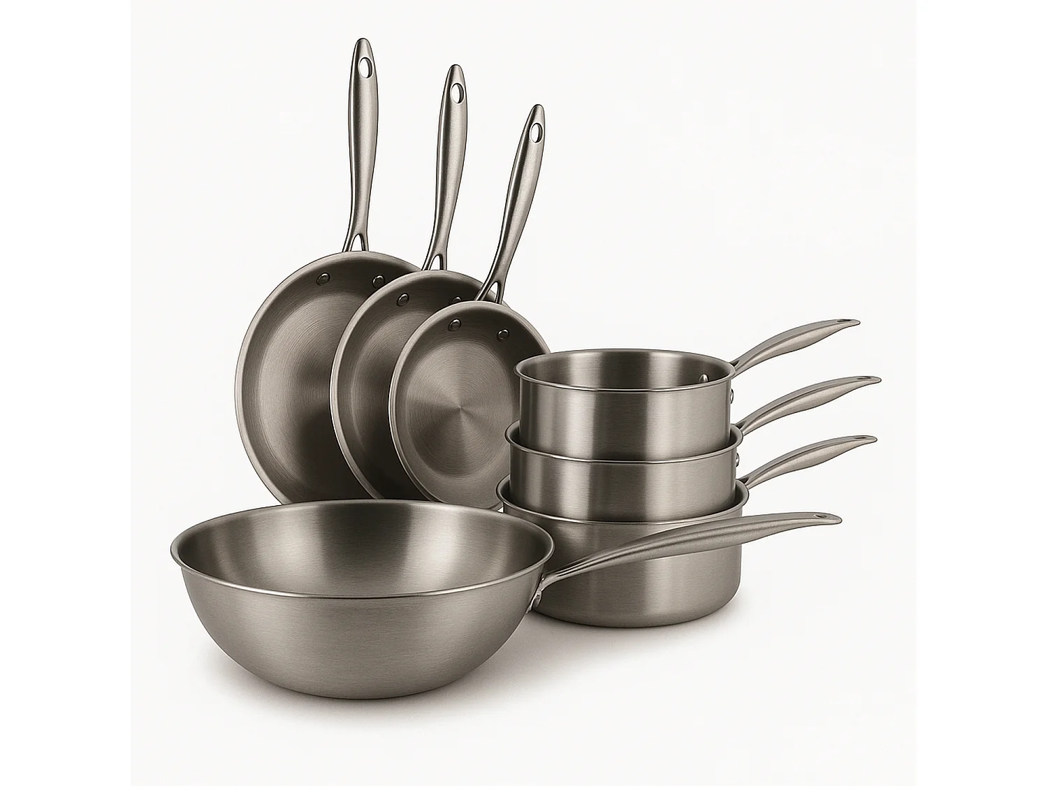 Menastyl - Set 7 Pieces Triply Wok Casserole Poele En Acier Inoxydable Induction - Made In France