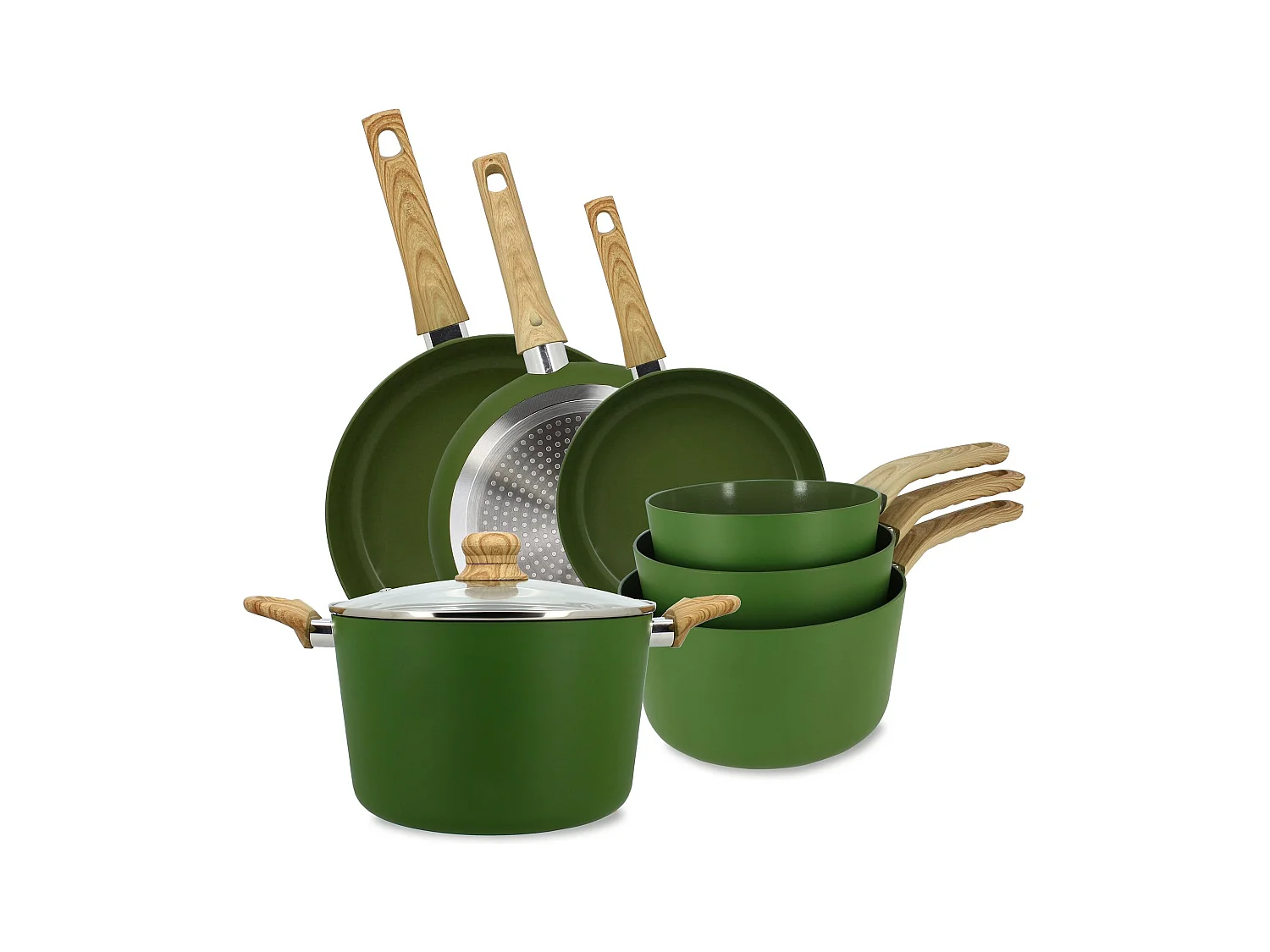 Menastyl - Set De 7 Pieces Colorama Olive - Poeles/casseroles/faitout - En Aluminium - Revetement Antiadhesif En Ceramique