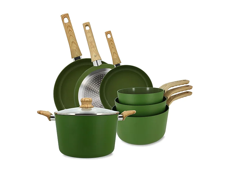 Menastyl - Set De 7 Pieces Colorama Olive - Poeles/casseroles/faitout - En Aluminium - Revetement Antiadhesif En Ceramique