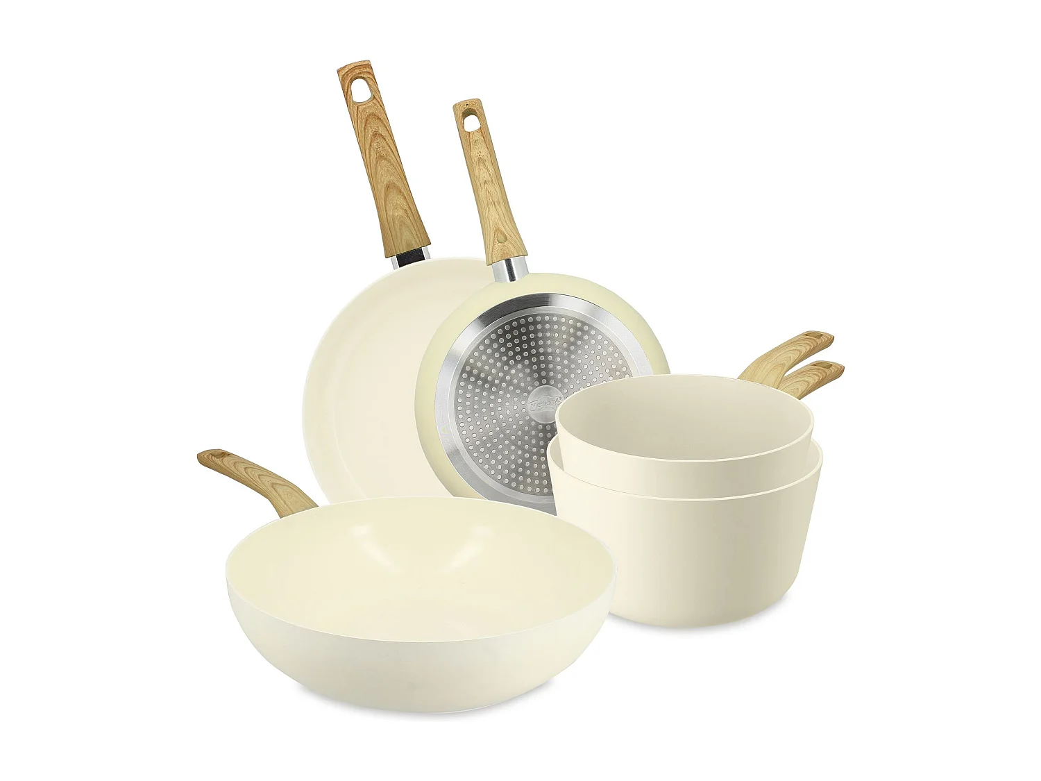 Menastyl - Set De 5 Pieces Colorama Creme - Poeles/casseroles/wok - En Aluminium - Revetement Antiadhesif En Ceramique