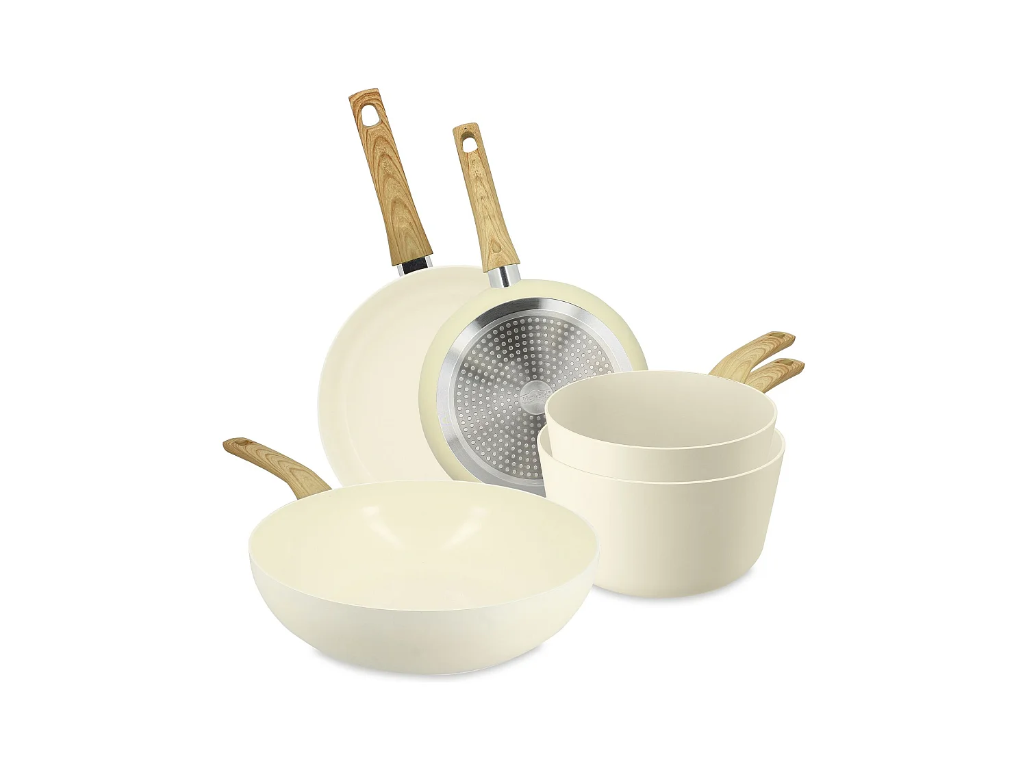Menastyl - Set De 5 Pieces Colorama Creme - Poeles/casseroles/wok - En Aluminium - Revetement Antiadhesif En Ceramique