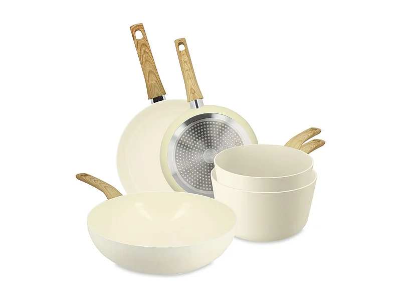 Menastyl - Set De 5 Pieces Colorama Creme - Poeles/casseroles/wok - En Aluminium - Revetement Antiadhesif En Ceramique