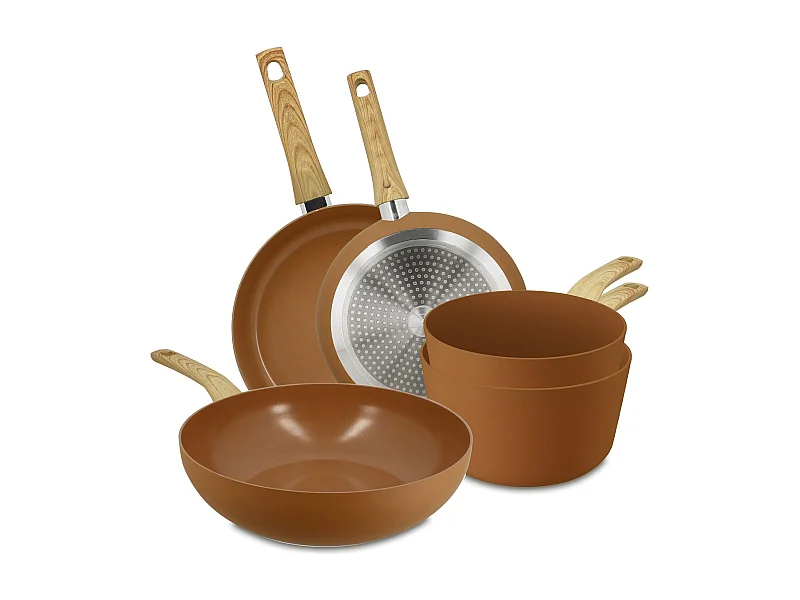 Menastyl - Set De 5 Pieces Colorama Noisette- Poeles/casseroles/wok - En Aluminium - Revetement Antiadhesif En Ceramique