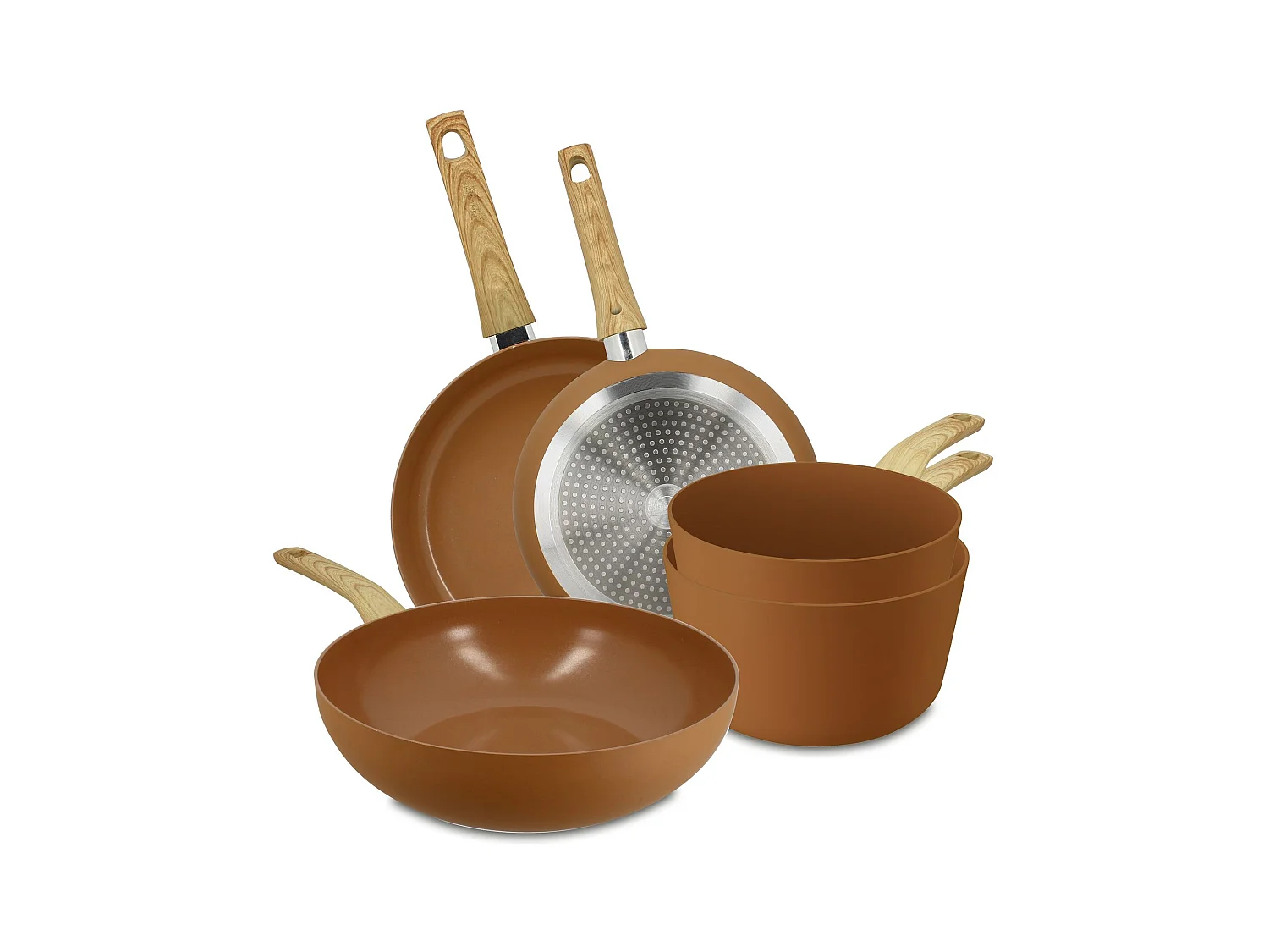 Menastyl - Set De 5 Pieces Colorama Noisette- Poeles/casseroles/wok - En Aluminium - Revetement Antiadhesif En Ceramique