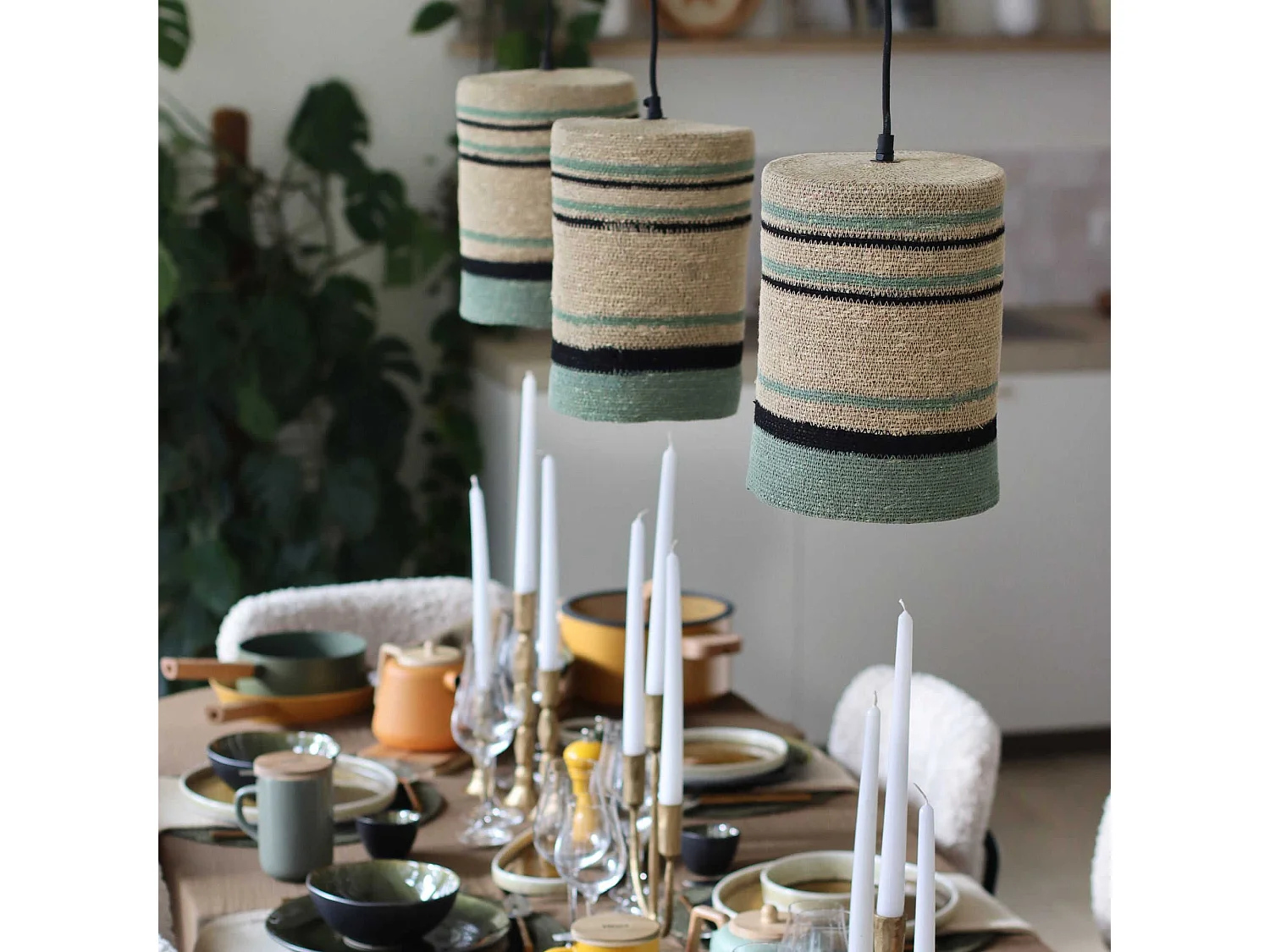 Now's Home - Suspension En Jonc De Mer Naturel Et Vert 19xh28cm Barbade