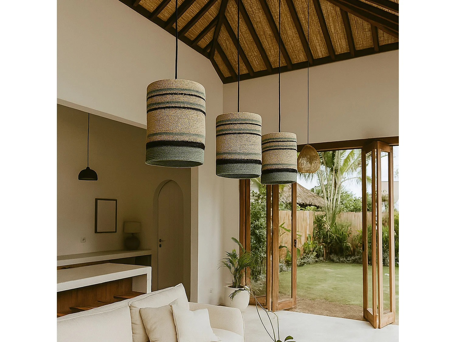 Now's Home - Suspension En Jonc De Mer Naturel Et Vert 19xh28cm Barbade