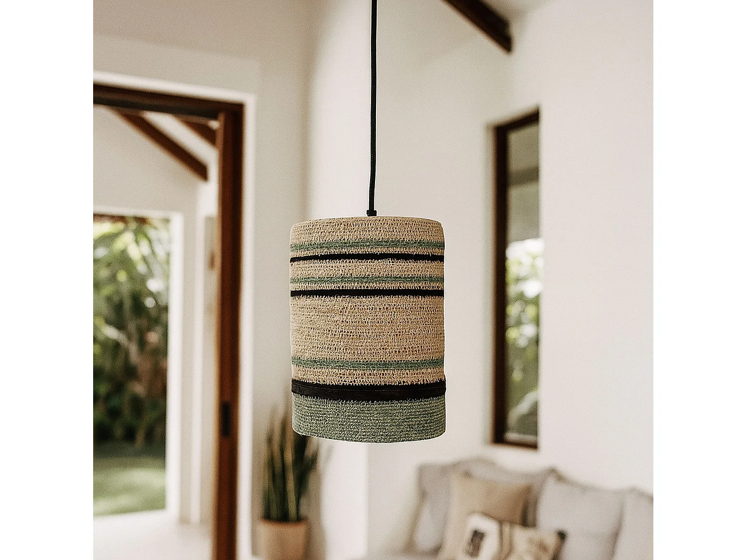 Now's Home - Suspension En Jonc De Mer Naturel Et Vert 19xh28cm Barbade