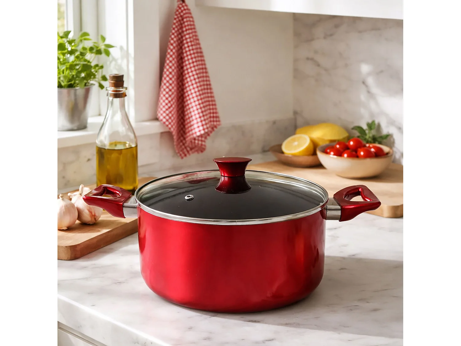 Menastyl - Faitout 24 Cm Avec Couvercle En Verre Cerise Induction