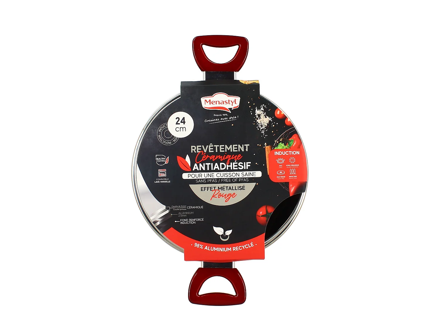 Menastyl - Faitout 24 Cm Avec Couvercle En Verre Cerise Induction
