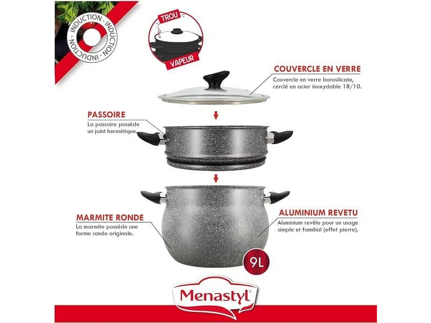 Menastyl - Couscoussier Induction 9l En Aluminium Effet Marbre Avec Couvercle