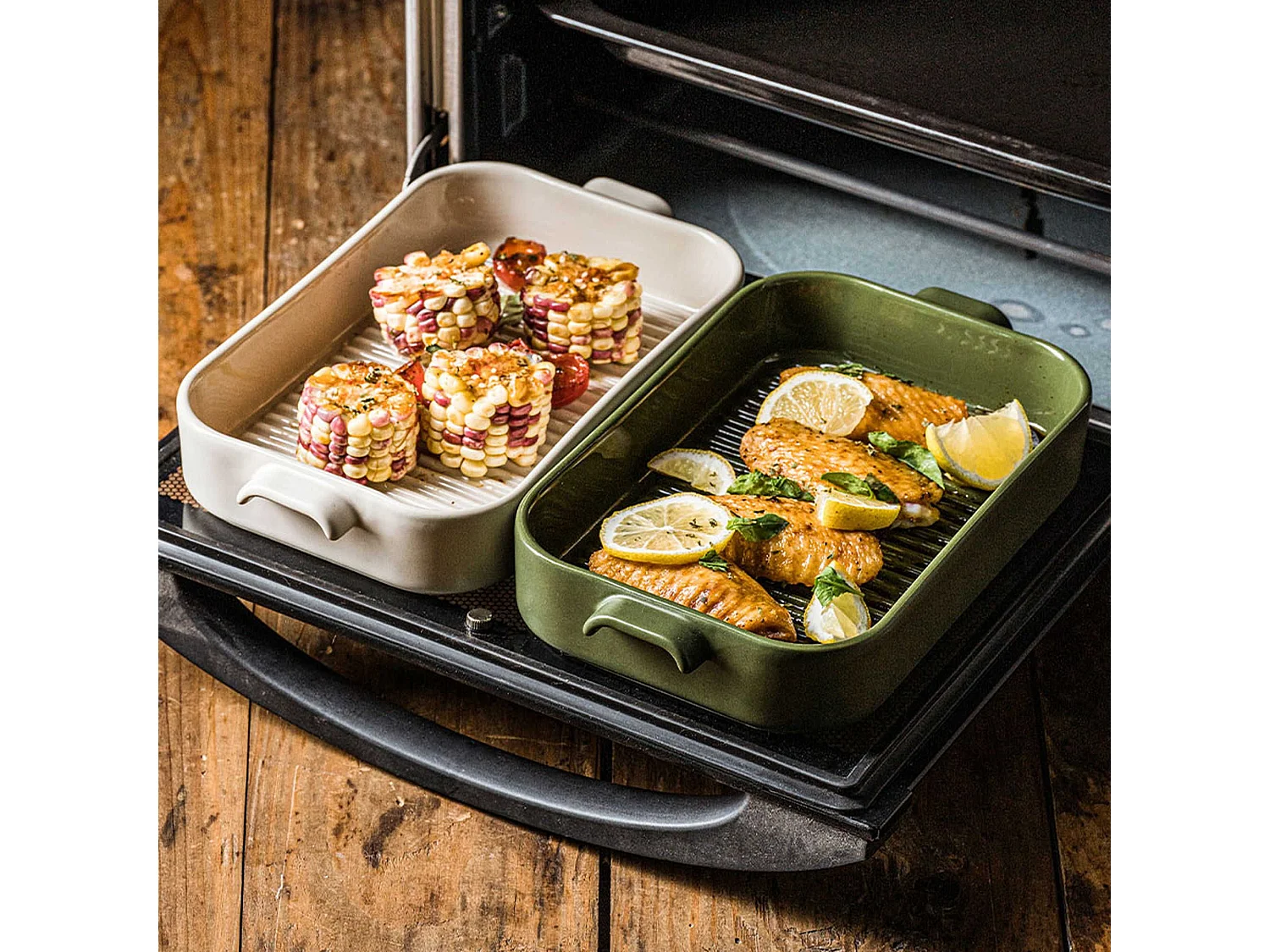 Menastyl - Plat A Four Grille Octave Rectangle 840ml 26.5x15cm En Gres Vert