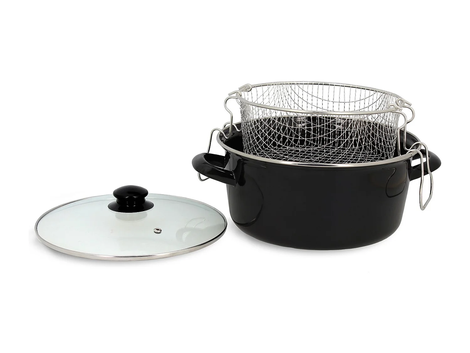 Menastyl - Friteuse 26cm En Acier Emaille Noir Avec Couvercle Et Panier Inox