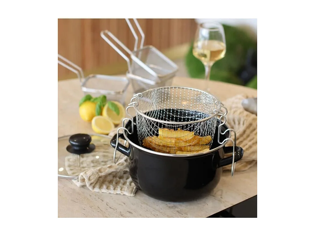 Menastyl - Friteuse 26cm En Acier Emaille Noir Avec Couvercle Et Panier Inox