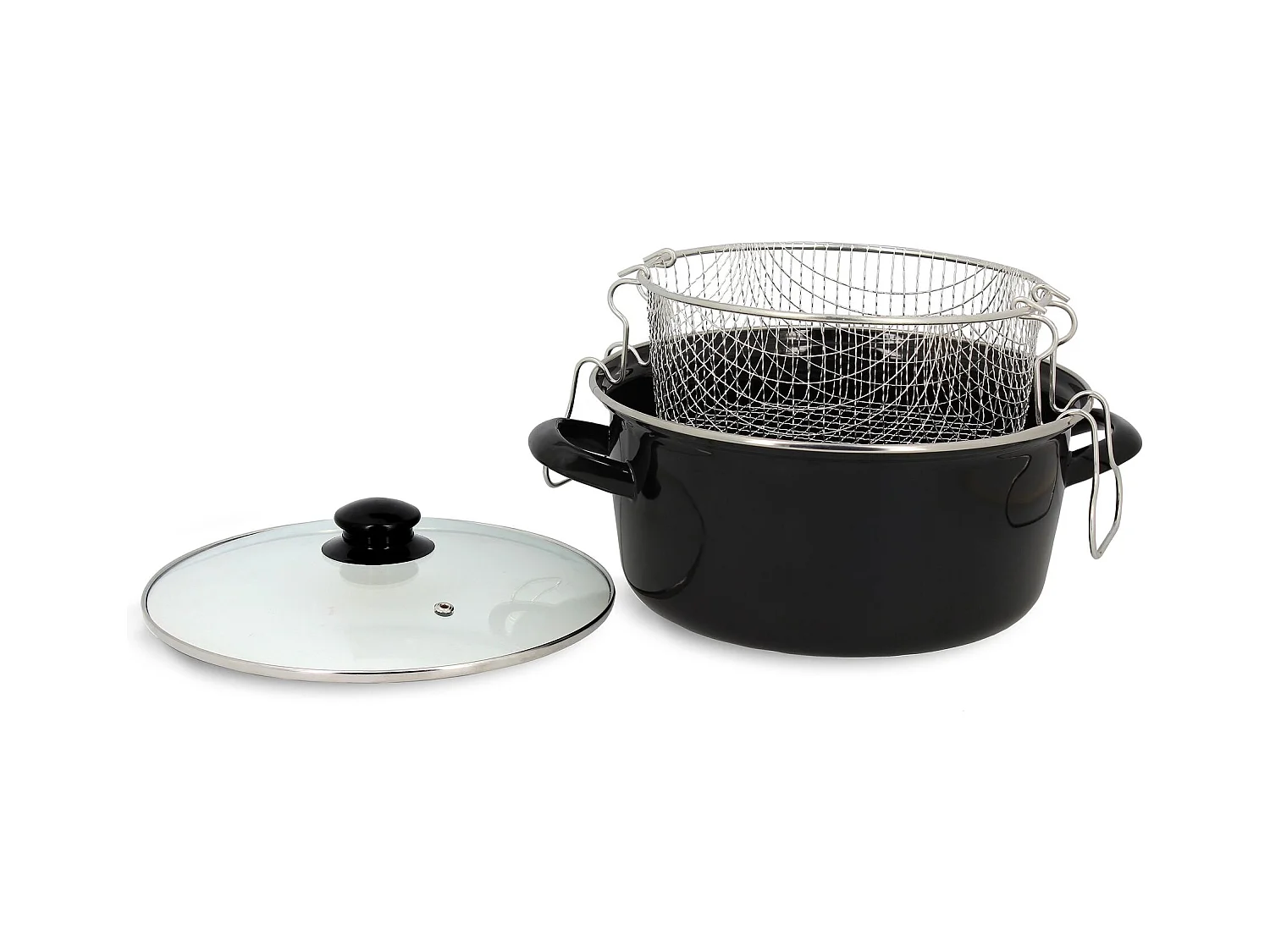 Menastyl - Friteuse 26cm En Acier Emaille Noir Avec Couvercle Et Panier Inox