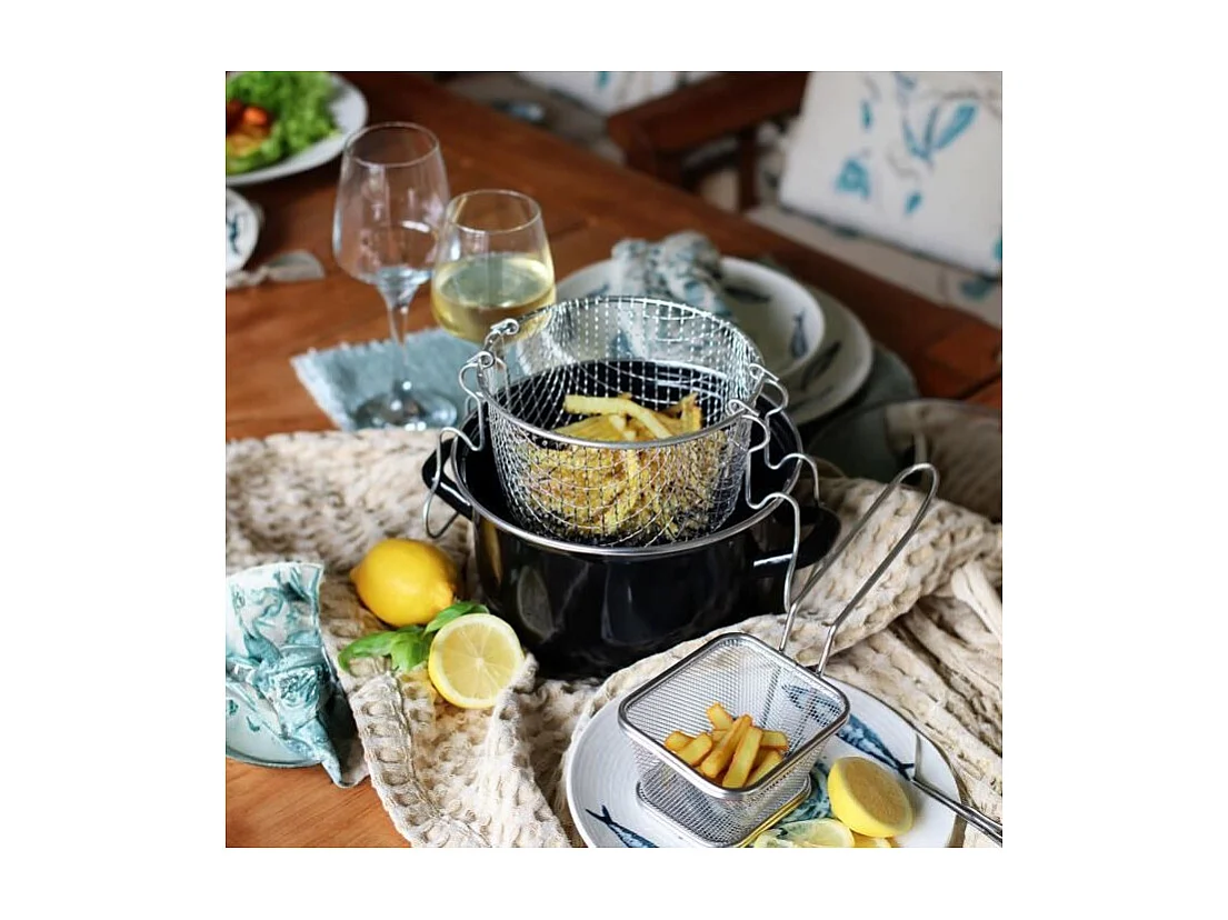 Menastyl - Friteuse 26cm En Acier Emaille Noir Avec Couvercle Et Panier Inox