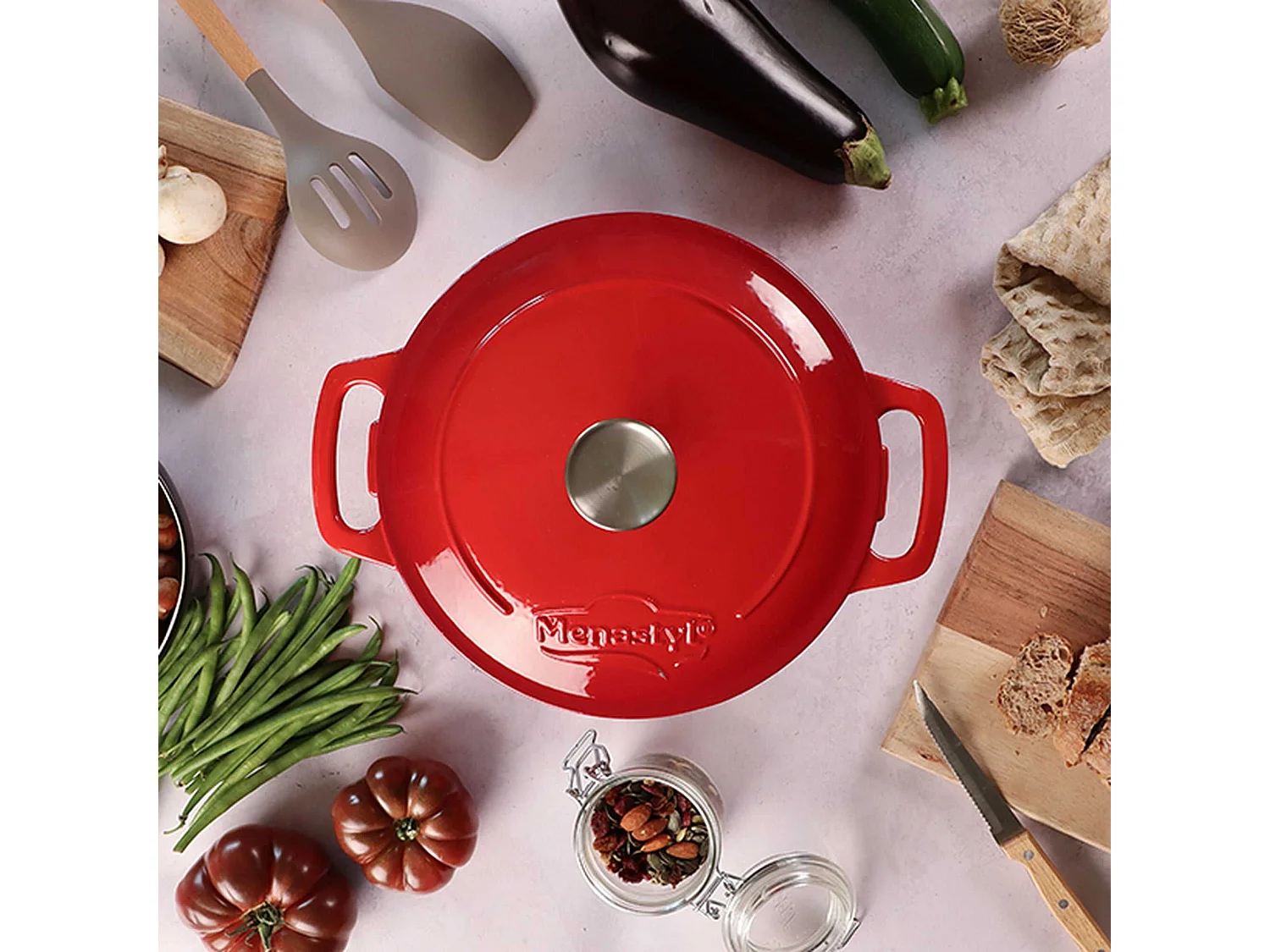 Menastyl - Cocotte Colette Ronde 7l 29cm En Fonte Emaille Rouge