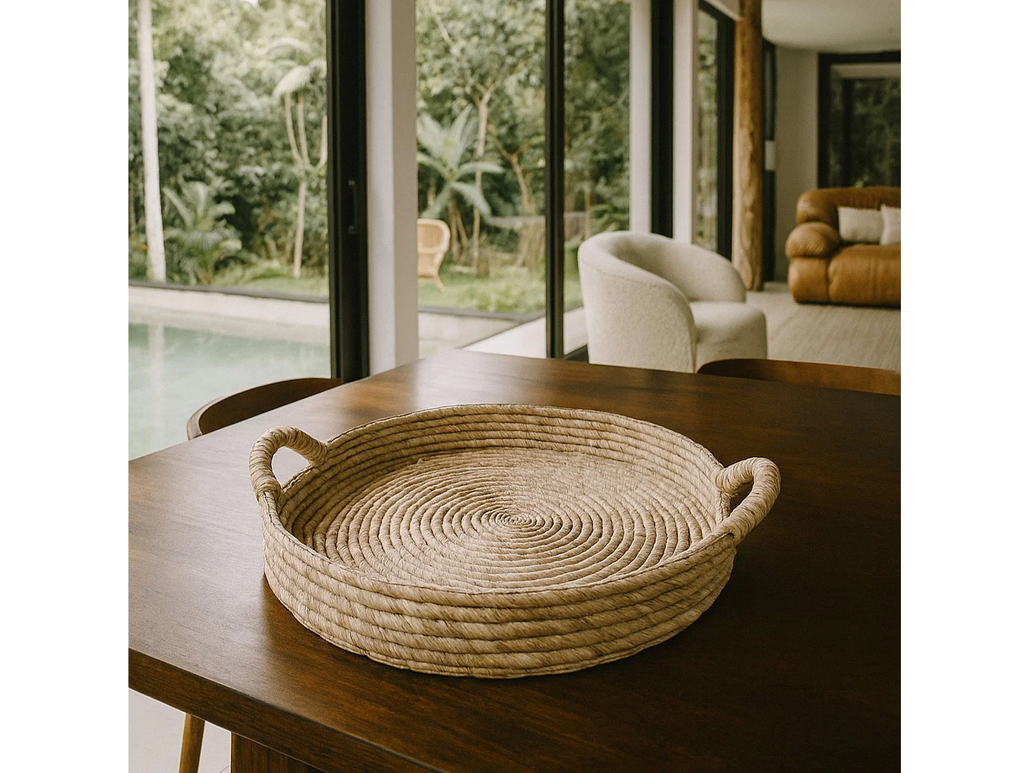 Now's Home - Plateau Rond En  Fibres D' Abaca D48cm X H8.5cm Avec Poignées Dounia