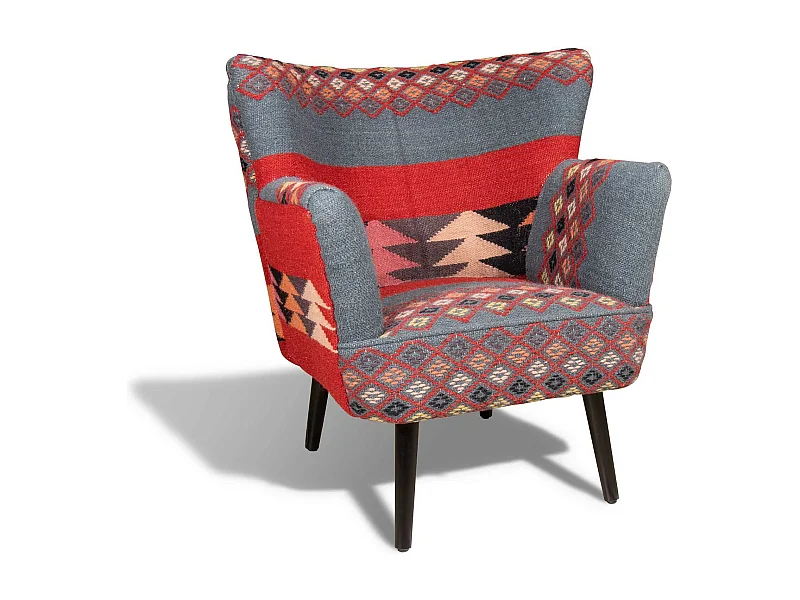Now's Home - Fauteuil En Kilim  Brode Main Pieds Bois Noir 68x70x77.5cm Inca