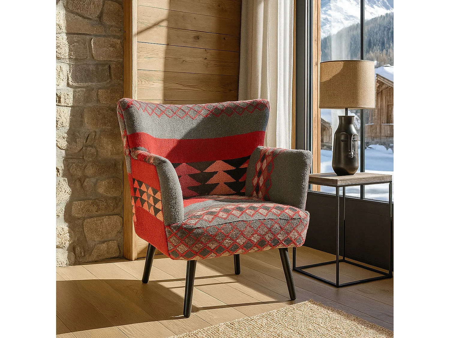 Now's Home - Fauteuil En Kilim  Brode Main Pieds Bois Noir 68x70x77.5cm Inca