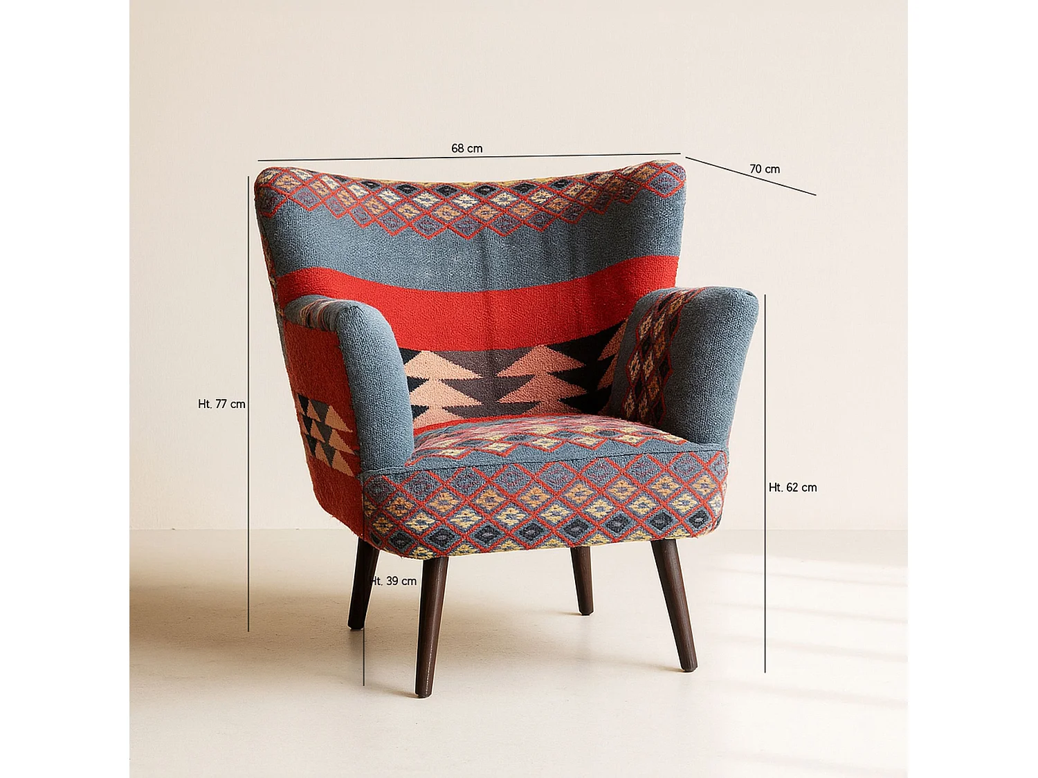 Now's Home - Fauteuil En Kilim  Brode Main Pieds Bois Noir 68x70x77.5cm Inca