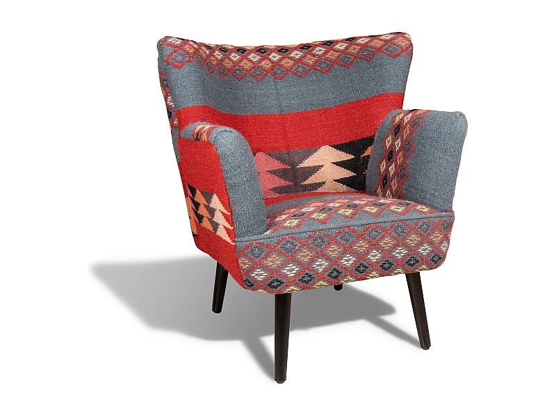 Now's Home - Fauteuil En Kilim  Brode Main Pieds Bois Noir 68x70x77.5cm Inca