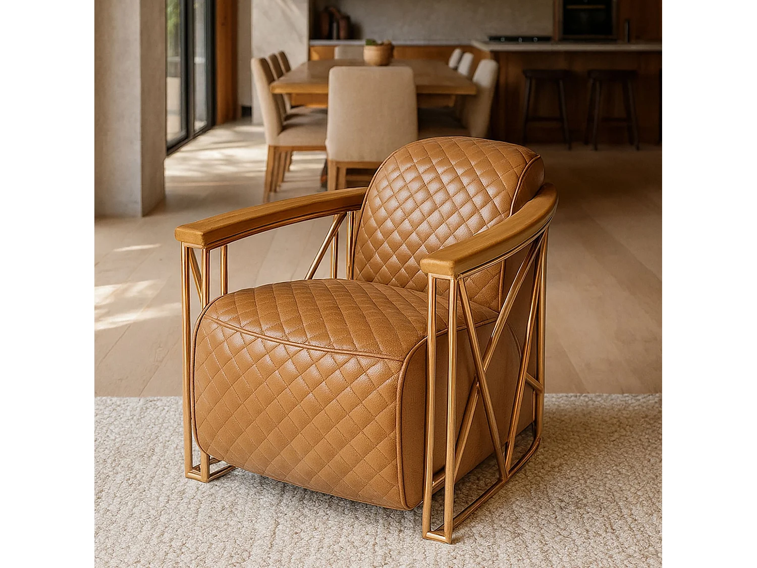 Now's Home - Fauteuil Cuir Noisette Matelassé Et Structure Inox Cuivré