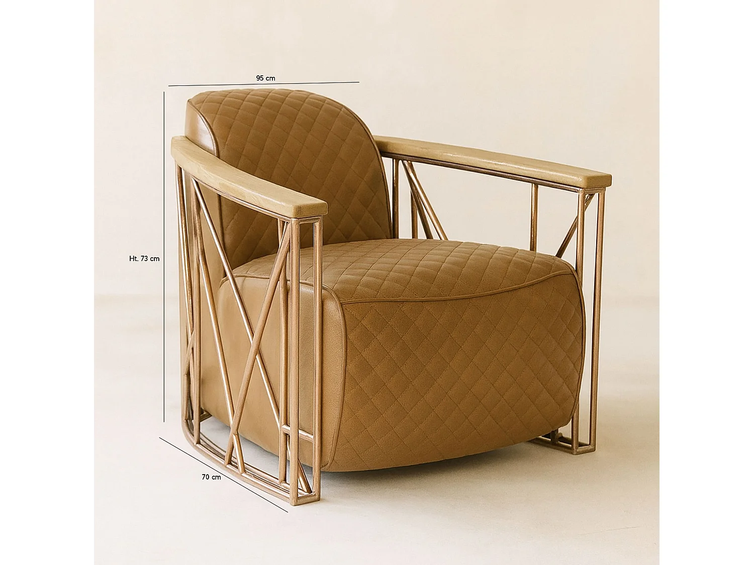 Now's Home - Fauteuil Cuir Noisette Matelassé Et Structure Inox Cuivré