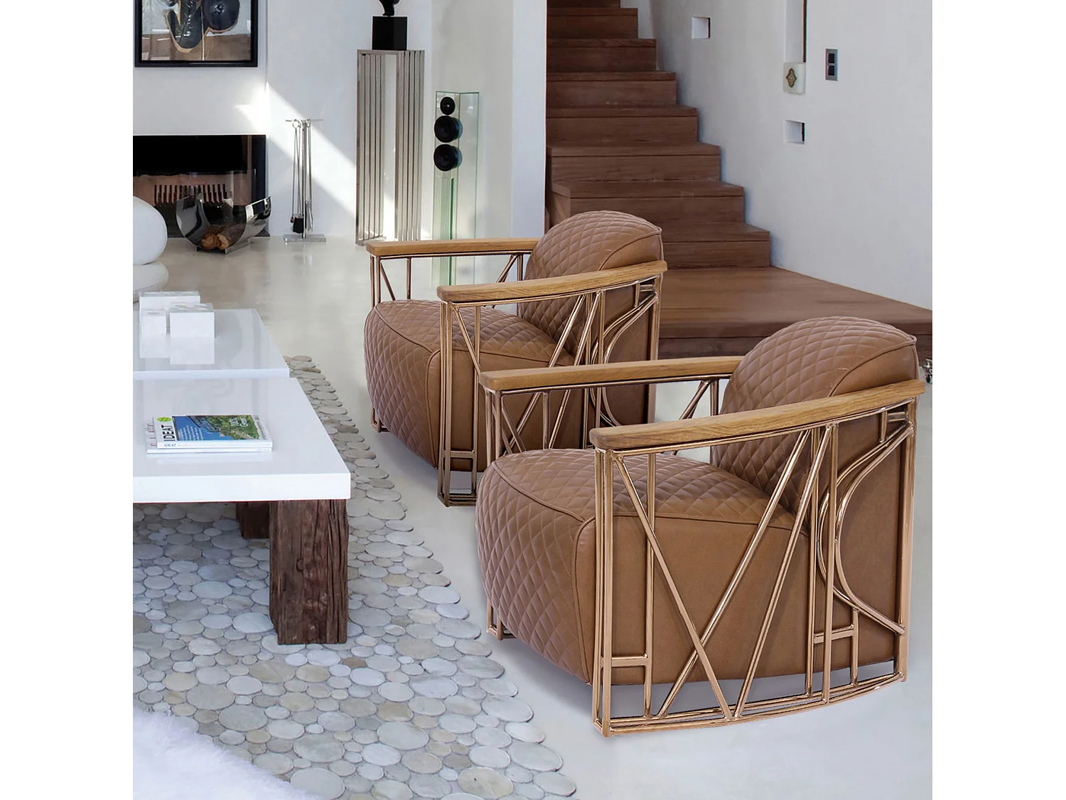 Now's Home - Fauteuil Cuir Noisette Matelassé Et Structure Inox Cuivré