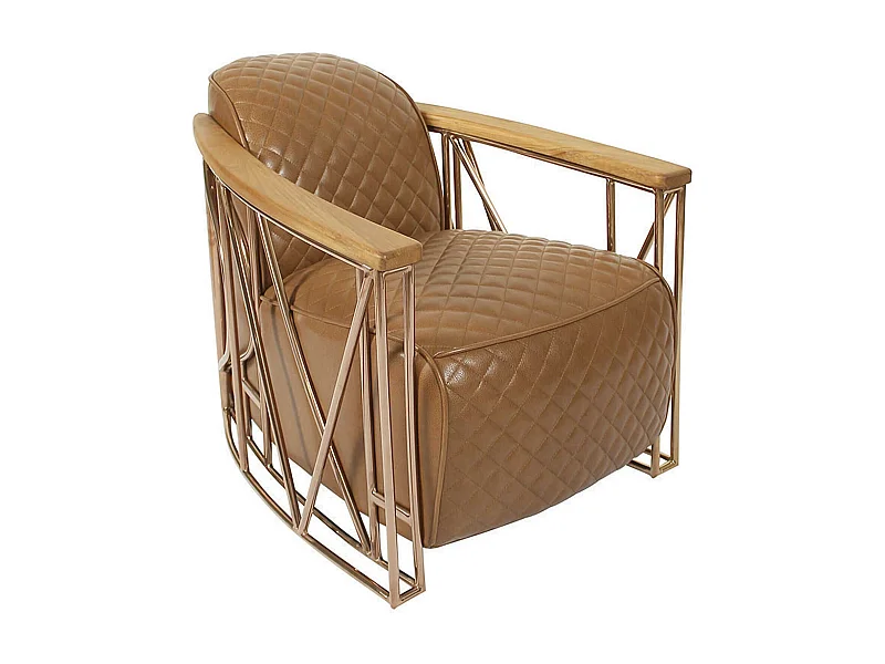 Now's Home - Fauteuil Cuir Noisette Matelasse Et Structure Inox Cuivre
