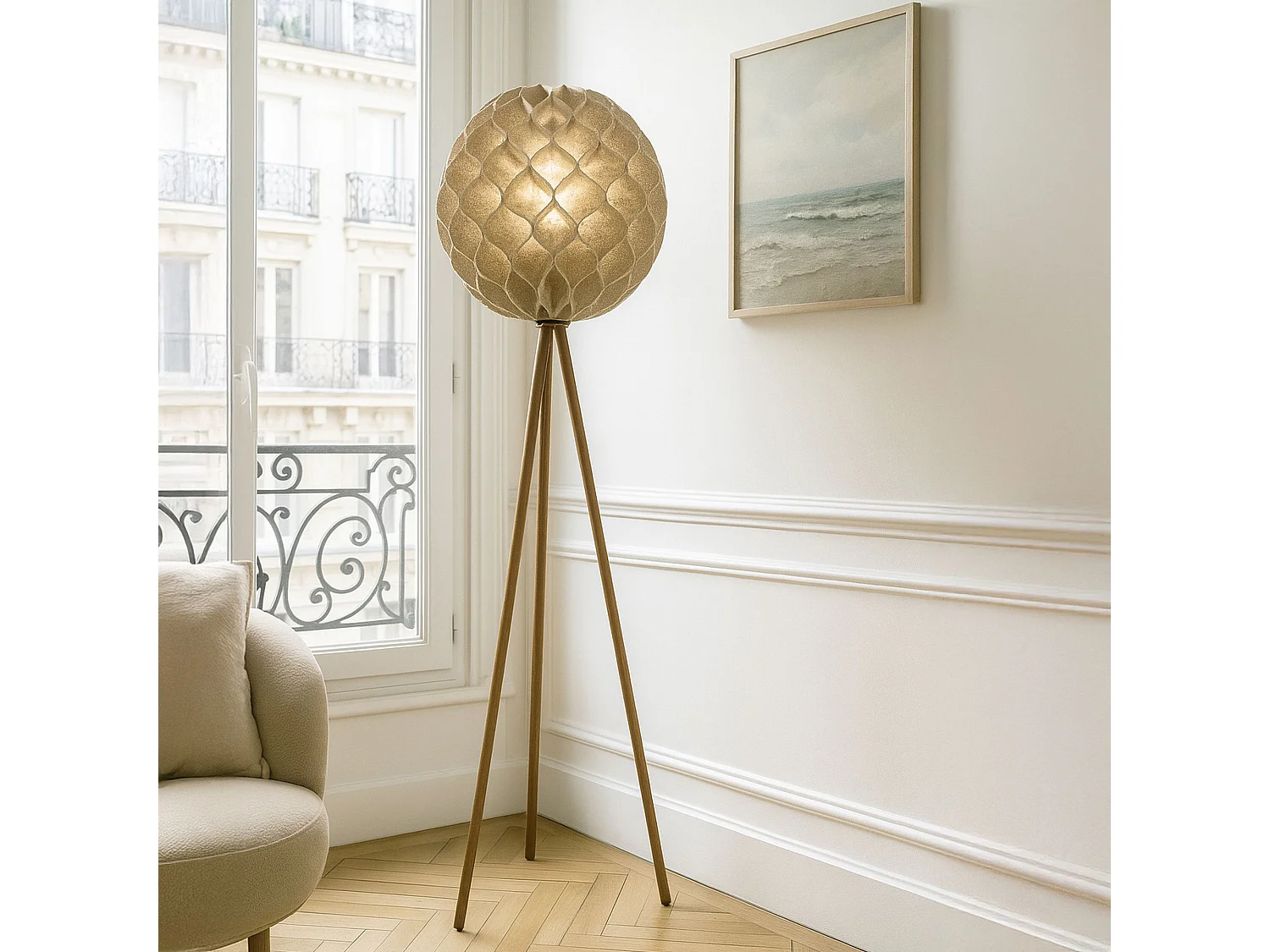 Now's Home - Lampadaire Abat Jour En Lin Taupe Pieds En Teck 45x45x163cm Bulat