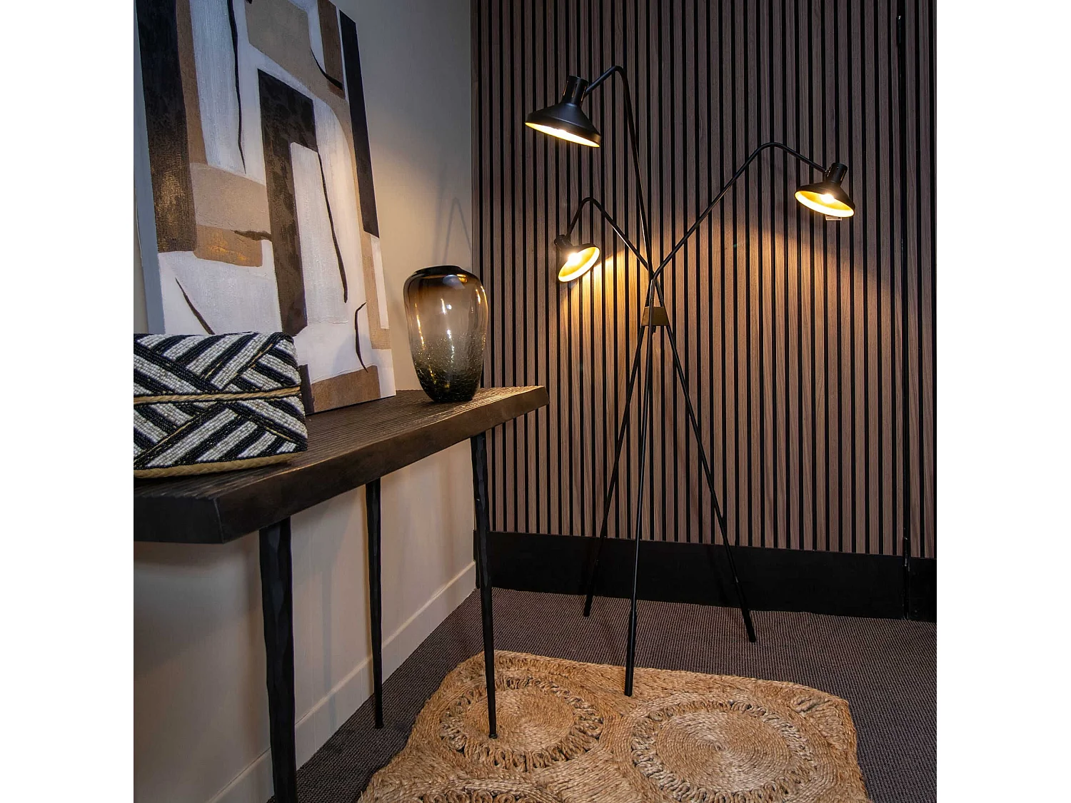 Now's Home - Lampadaire Trepied En Metal Noir Et Dore 41x41xh158cm Snake