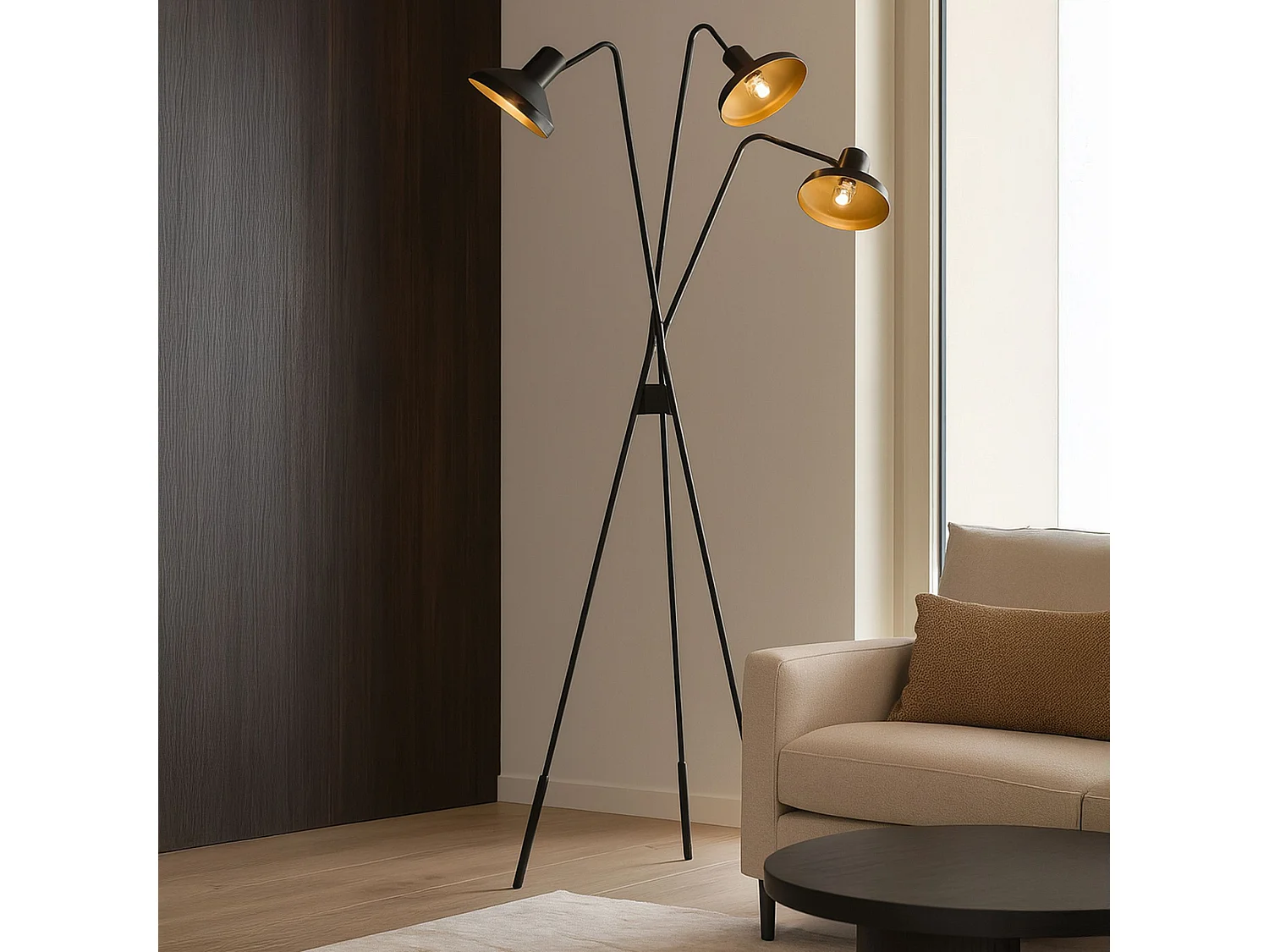 Now's Home - Lampadaire Trepied En Métal Noir Et Doré 41x41xh158cm Snake