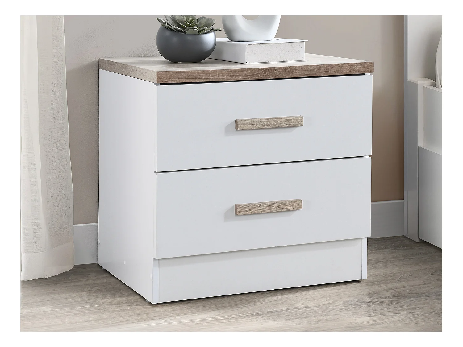 Lot de 2 tables de chevet avec 2 tiroirs - Blanc et naturel - SKAIDO