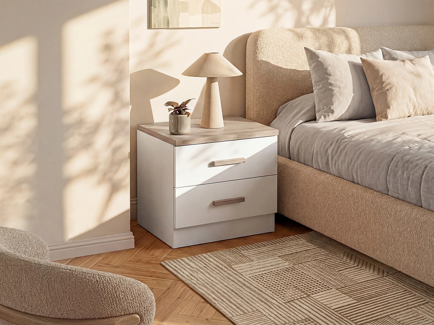 Comodino con 2 cassetti Bianco e Naturale - Lotto di 2 - SKAIDO