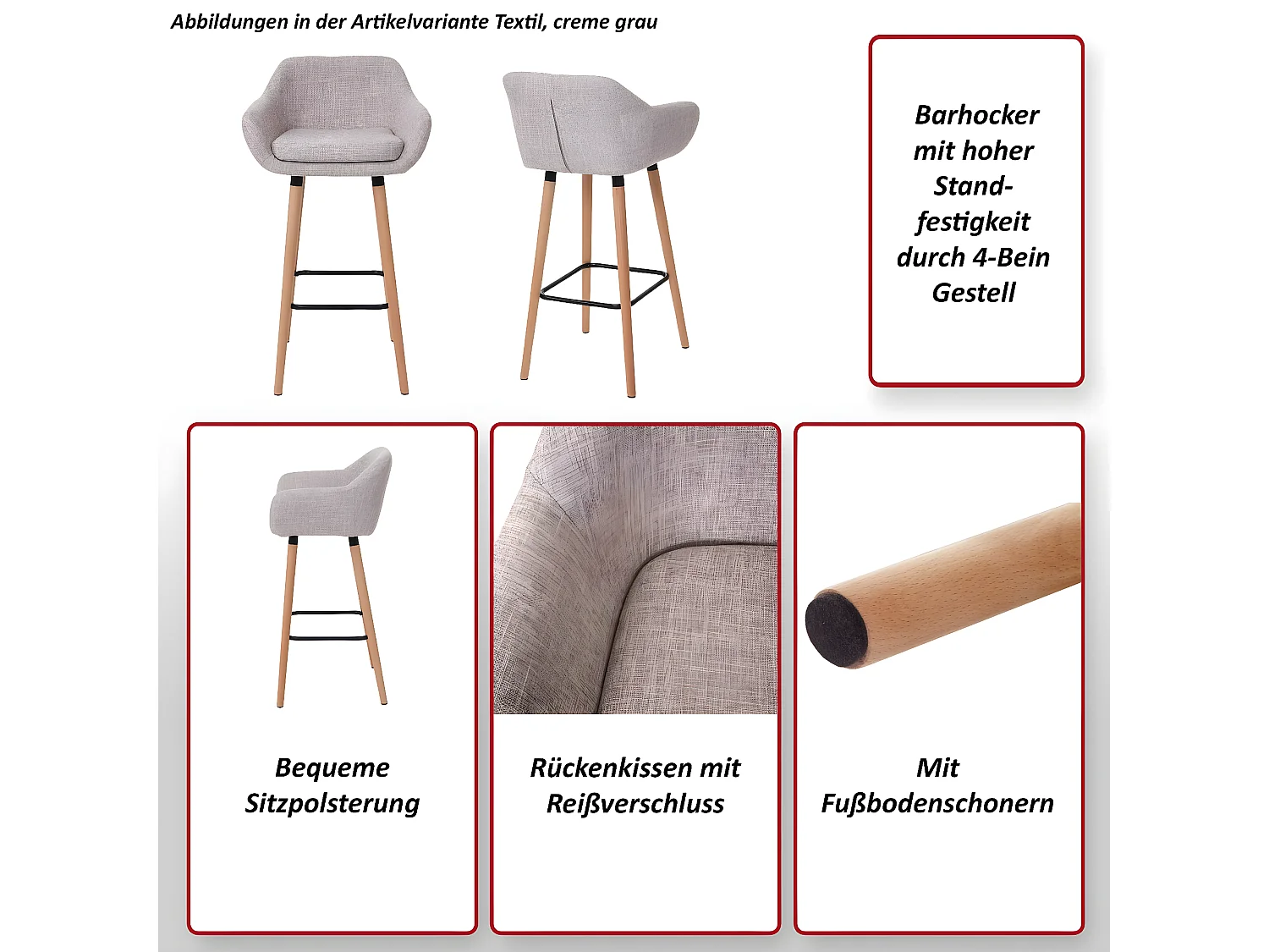 Tabouret de bar Vaasa T381 (lot de 2),  tissu, gris foncé