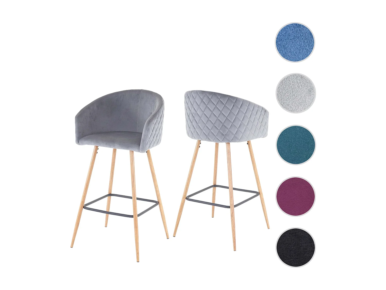 Coppia sgabelli eleganti con poggiapiedi MCW-D72 metallo ~ velluto grigio