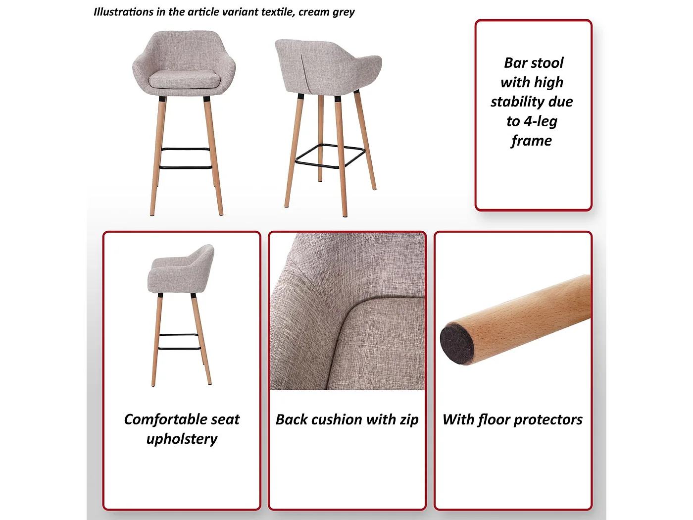 Set 2x sgabelli nordico moderno scandinavo Malmoe T381 legno massiccio tessuto beige grigio