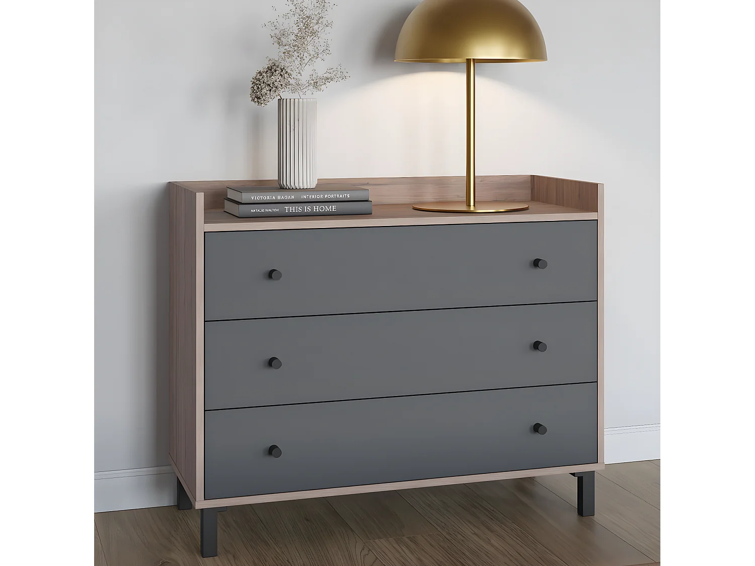 Commode 3 tiroirs gris anthracite et effet bois 92 cm - Aurelia