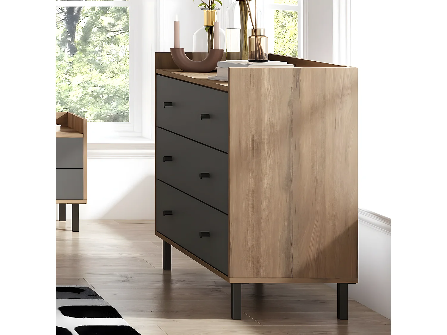 Commode 3 tiroirs gris anthracite et effet bois 92 cm - Aurelia